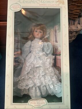 Adorable Memories Porcelain Doll in Light Blue Lace Dress